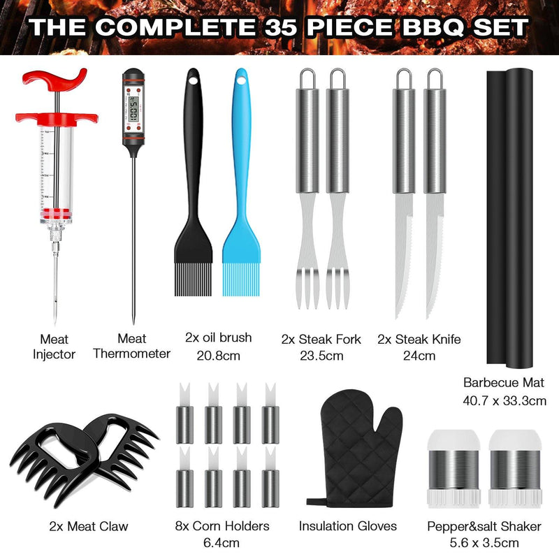 ROMANTICIST 35PCS Grill Set with Thermometer, 2 Steak Knife, 2 Steak Fork,  Heavy-Duty Grill Utensils, Stainless Steel Grill Tool Set, Grill